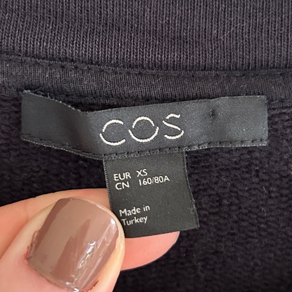 COS Navy Layered Look Tunic Sweatshirt Silk Hem Minimalist Scandi Capsule 90s XS - Picture 2 of 12